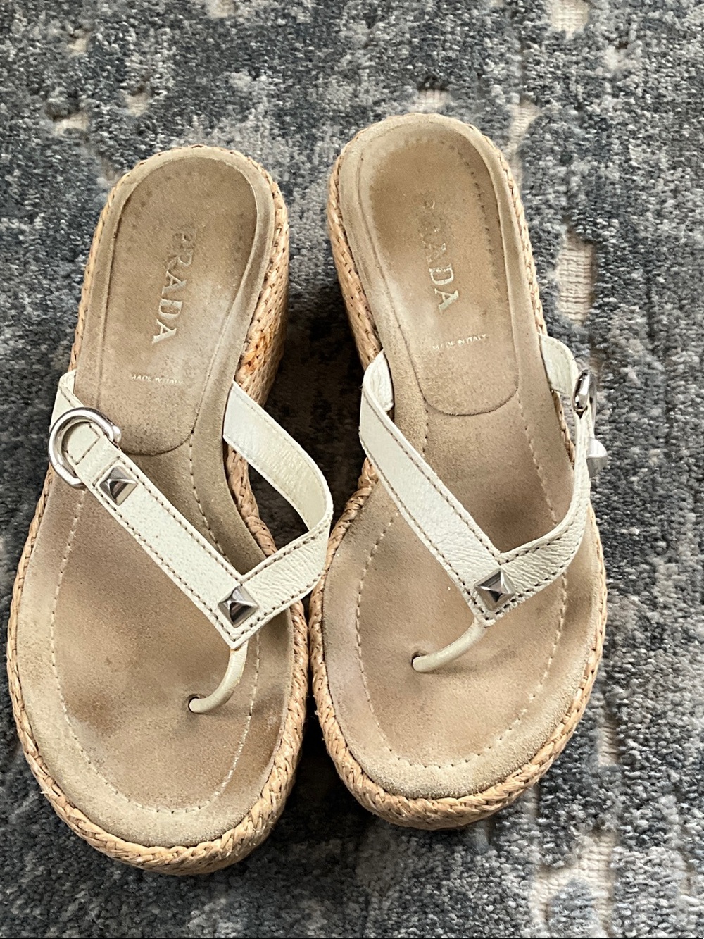 Prada Cream Leather Espadrille Wedge Thong Sandals with Silver Accents